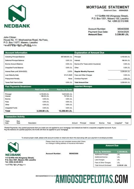 imprimível Lesoto Nedbank Lesoto Declaração de hipoteca Word e modelo PDF